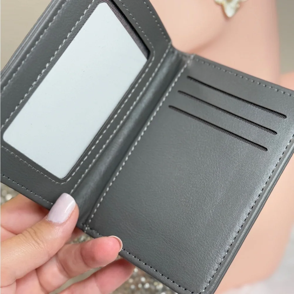 Anthropologie Gray Leather Card & Key Holder with Red Accent